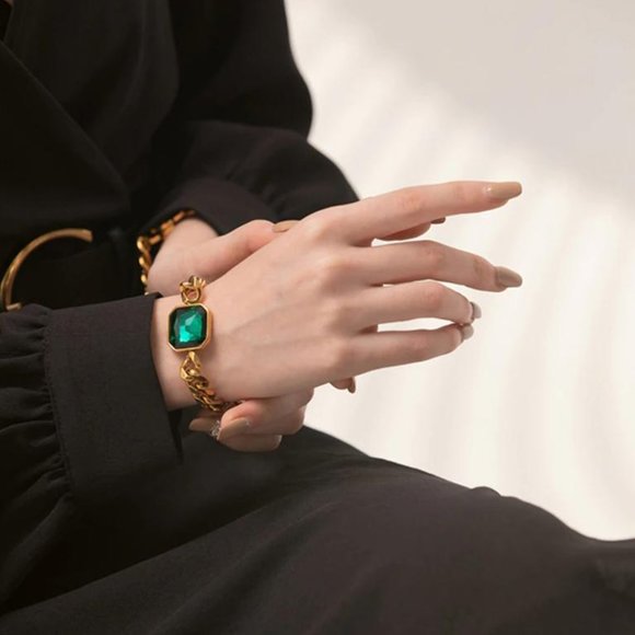 Cuban Chain Chunky Bracelet Emerald Color Stone - Picture 4 of 5